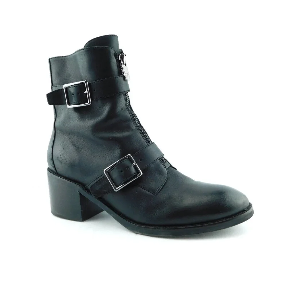 DONALD PLINER Black Leather Strap & Zipper Block Heel Ankle Boots 9.5